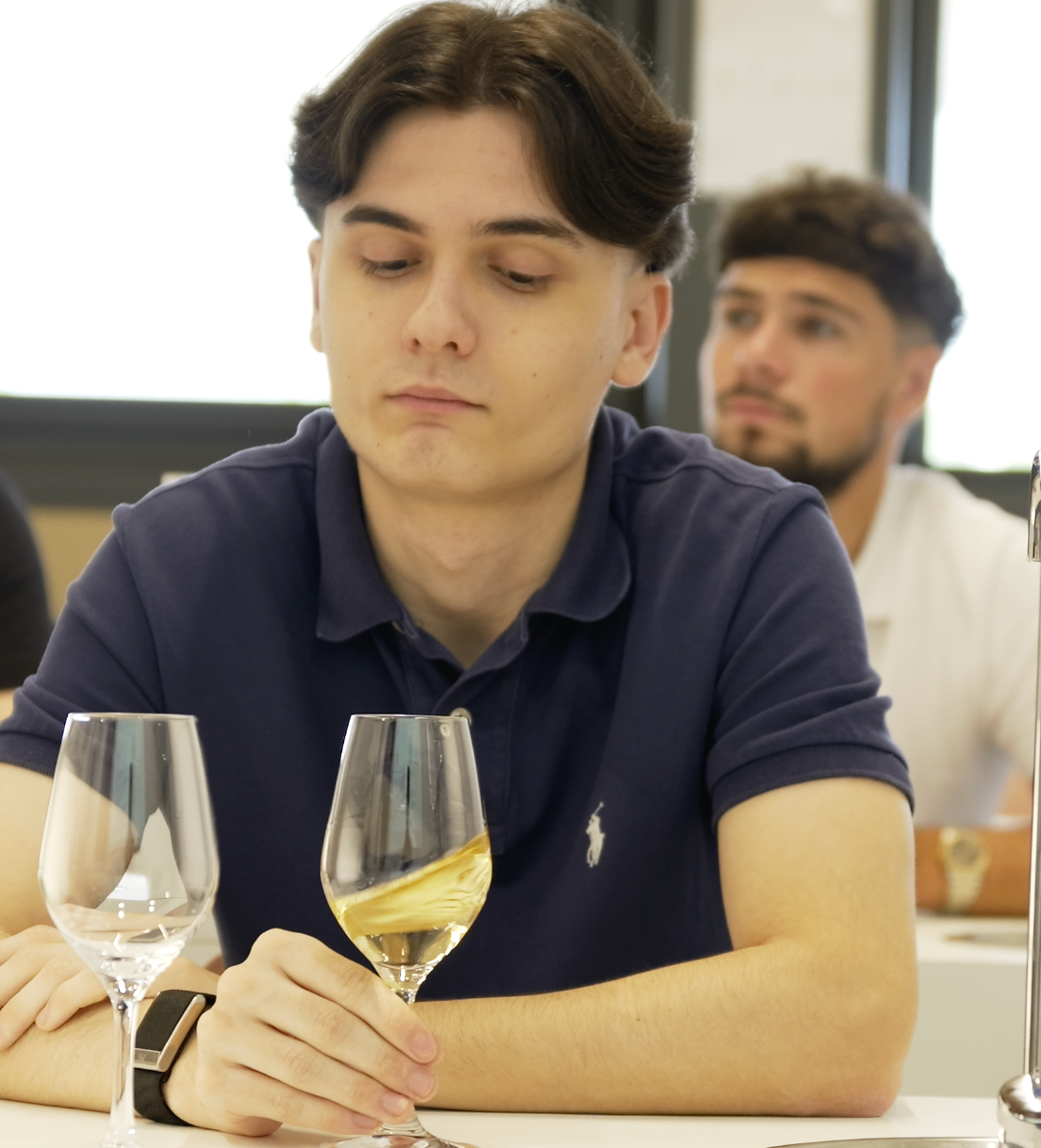 Jeune membre en polo marine tenant un verre de vin blanc pendant la session