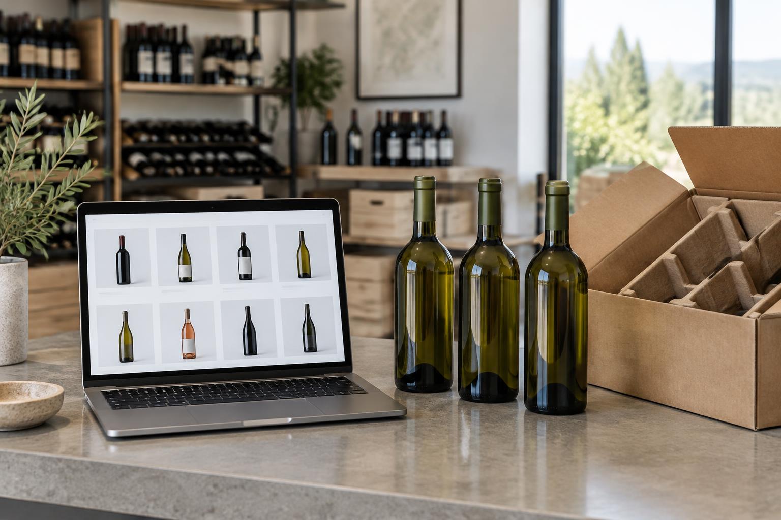 Ordinateur présentant un catalogue de vins, trois bouteilles et un carton de livraison protecteur