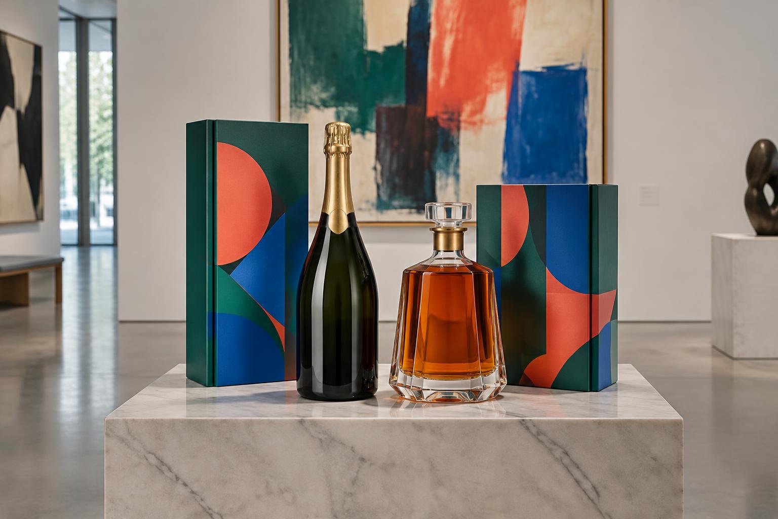 Illustration de bouteilles et coffrets artistiques sans marque dans une galerie d’art contemporain