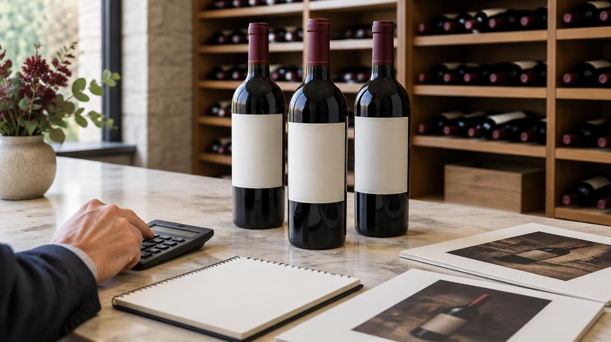 Acheteur comparant des vins sur un comptoir avec une calculatrice et des catalogues de vente
