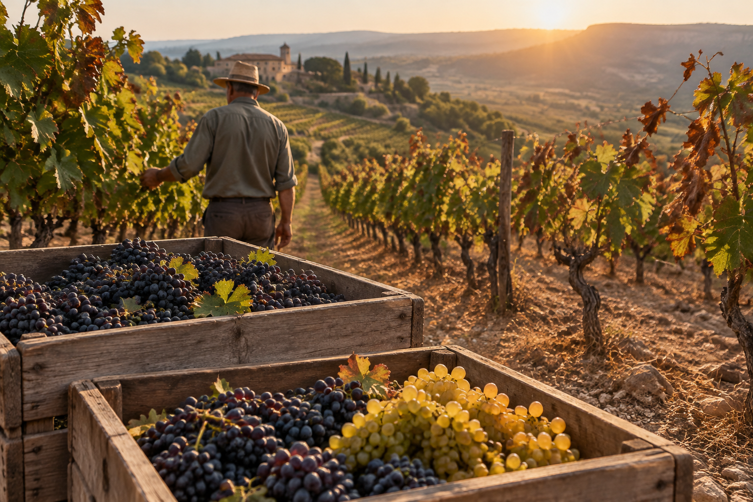 Caisses de raisins dans un vignoble français au moment des vendanges 2026