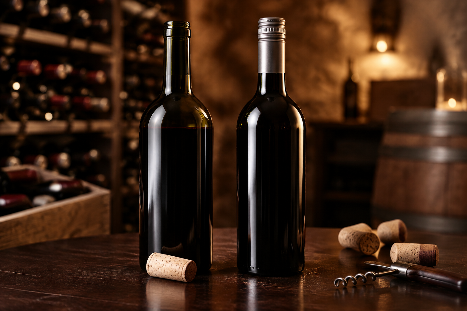 Bouteilles de vin fermées par un bouchon en liège et une capsule à vis dans une cave