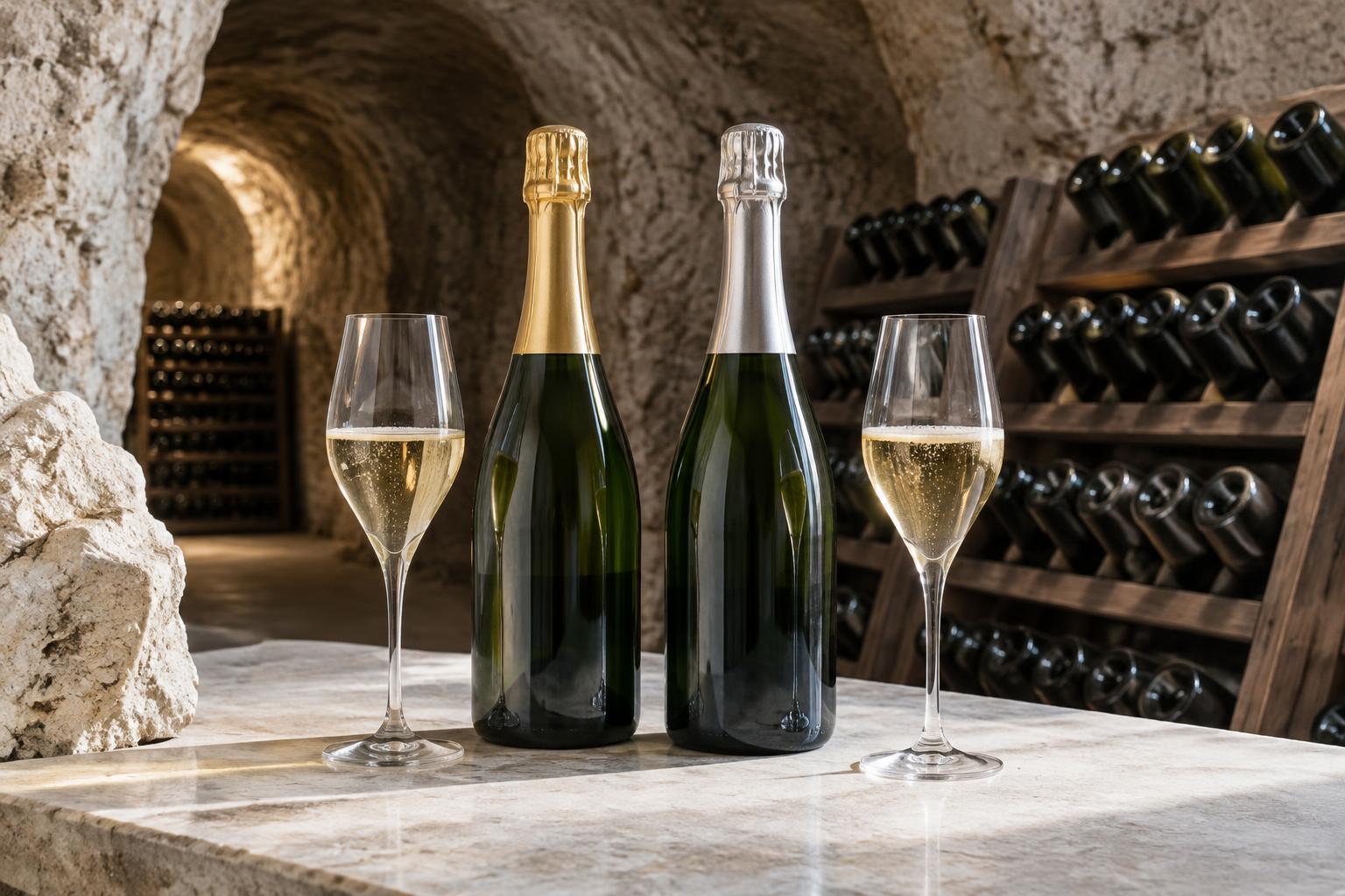 Deux bouteilles de champagne avec capsules dorée et argentée et deux verres dans une cave de craie