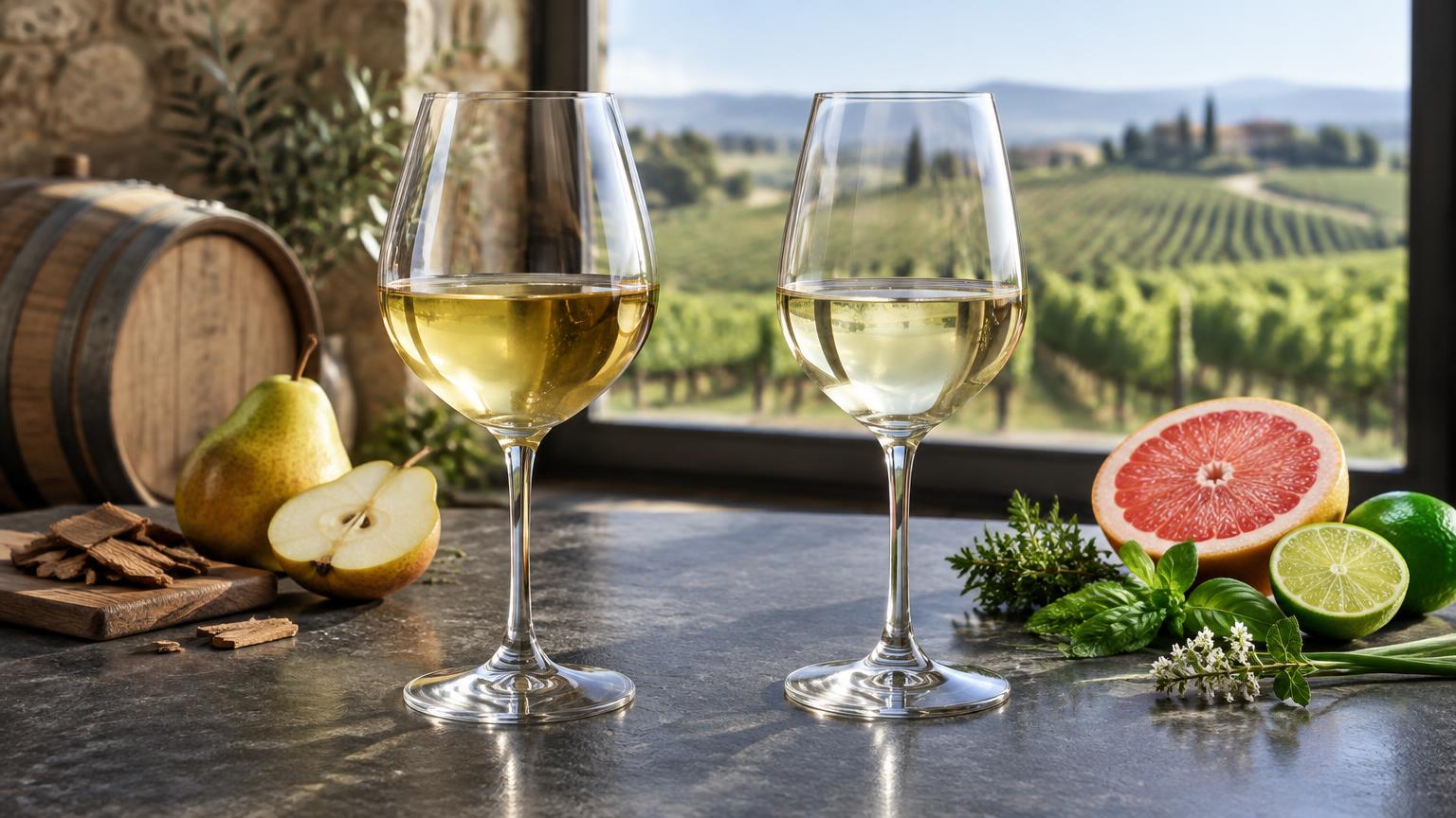 Deux verres de vin blanc, avec poire et chêne côté Chardonnay, pamplemousse et herbes côté Sauvignon Blanc