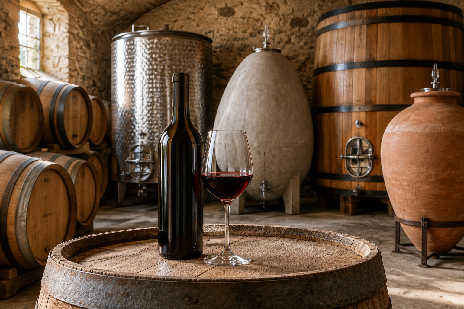 Barriques, foudre, cuve inox, cuve béton et amphore utilisés pour l'élevage du vin