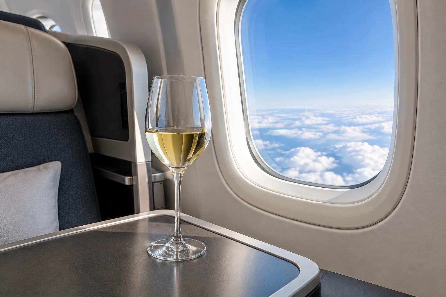 Verre de vin blanc en cabine Business Class devant un hublot et les nuages