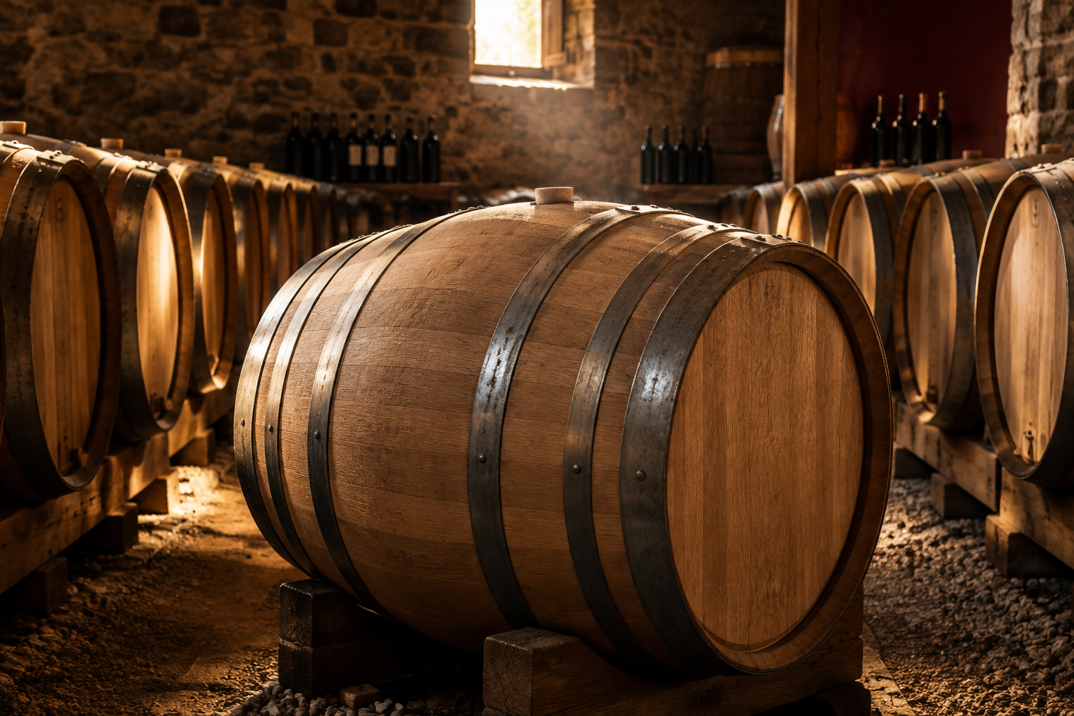 Barriques en fût de chêne dans un chai, élevage et évolution aromatique du vin