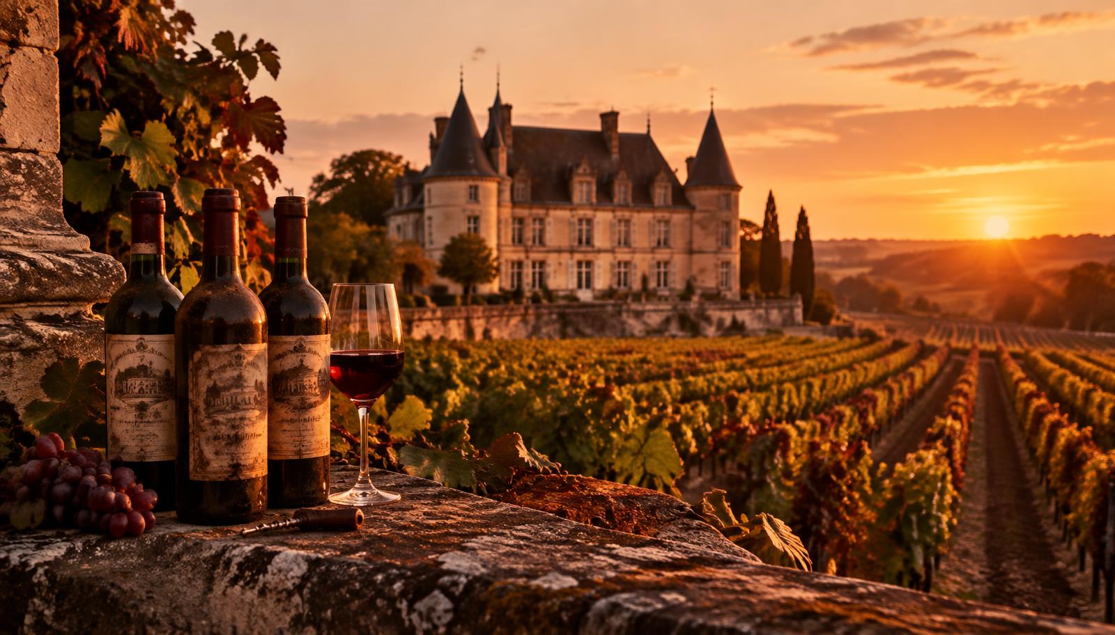 Château bordelais et bouteilles de Grands Crus Classés au coucher du soleil