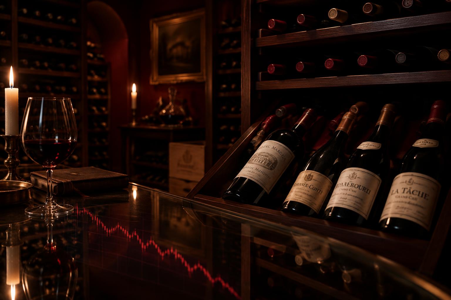 Cave de grands crus avec le reflet d'une courbe de prix en baisse