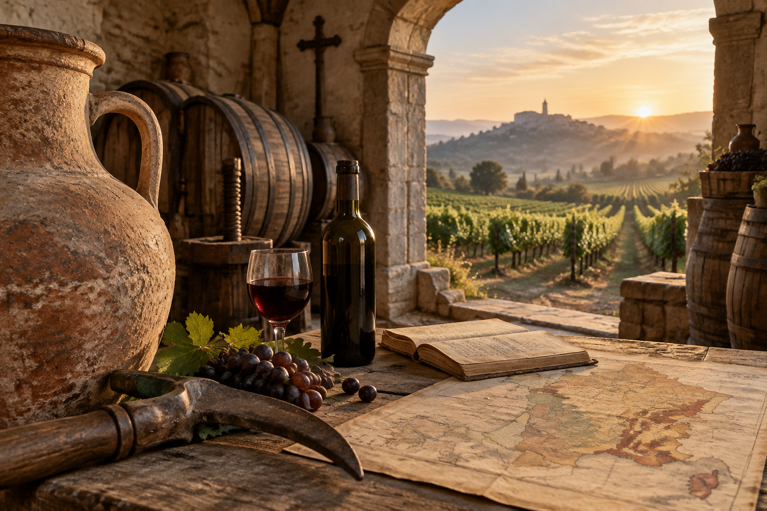 Amphore ancienne, chai en pierre et vignoble français illustrant l'histoire du vin en France