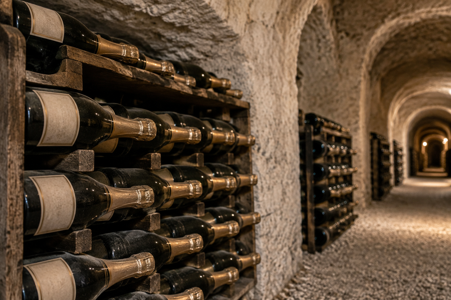Bouteilles de champagne de prestige en cave, investissement en champagne millésimé