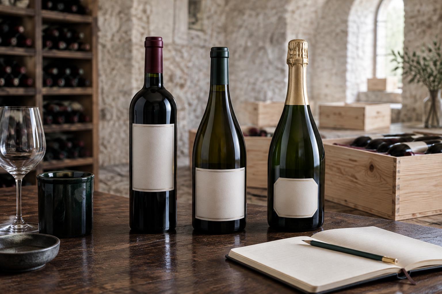 Trois bouteilles de vin de collection et un carnet sur une table dans une cave