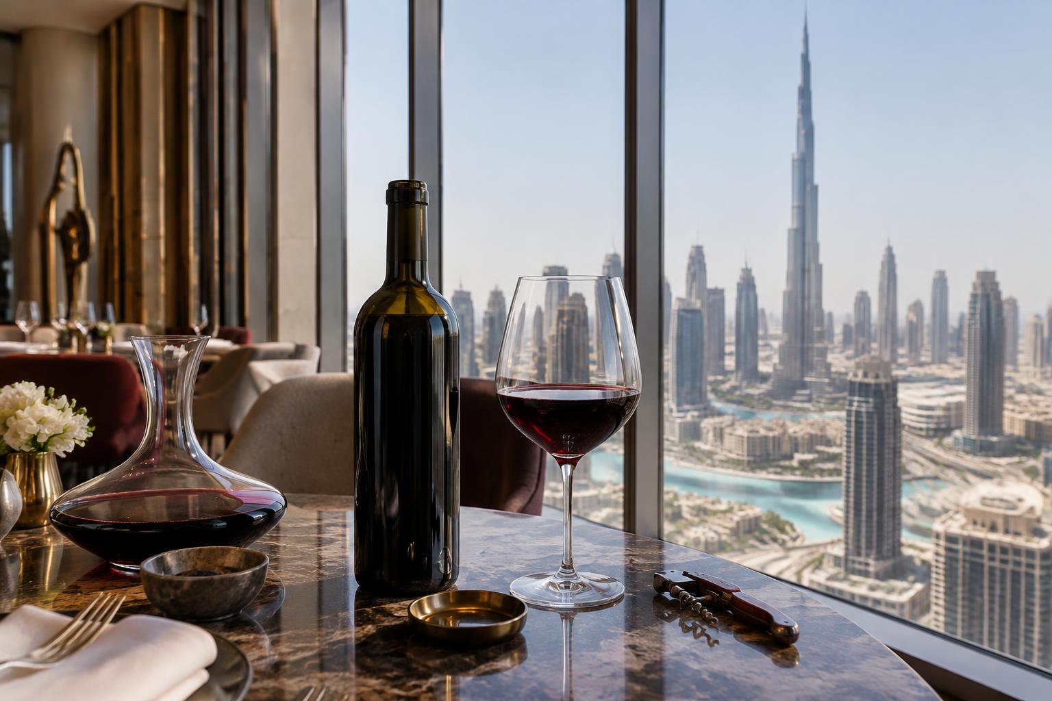 Bouteille et verre de vin rouge dans un restaurant avec vue sur la skyline de Dubaï