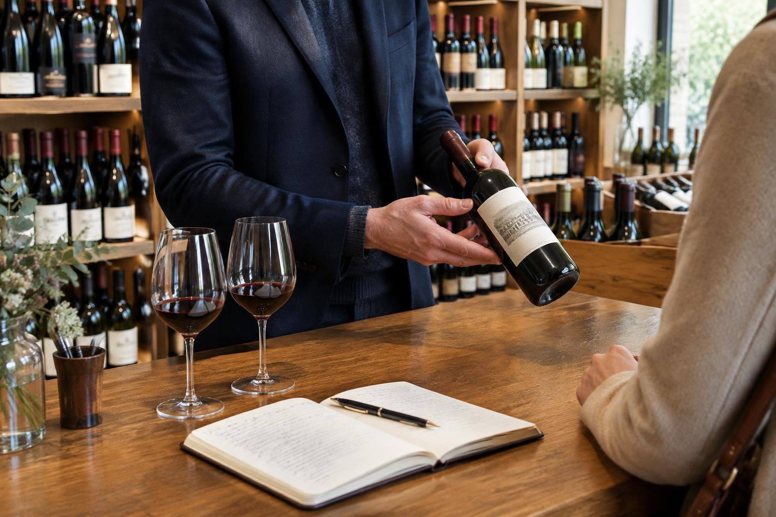 Illustration du métier de caviste : présentation d’une bouteille à un client devant un comptoir de dégustation