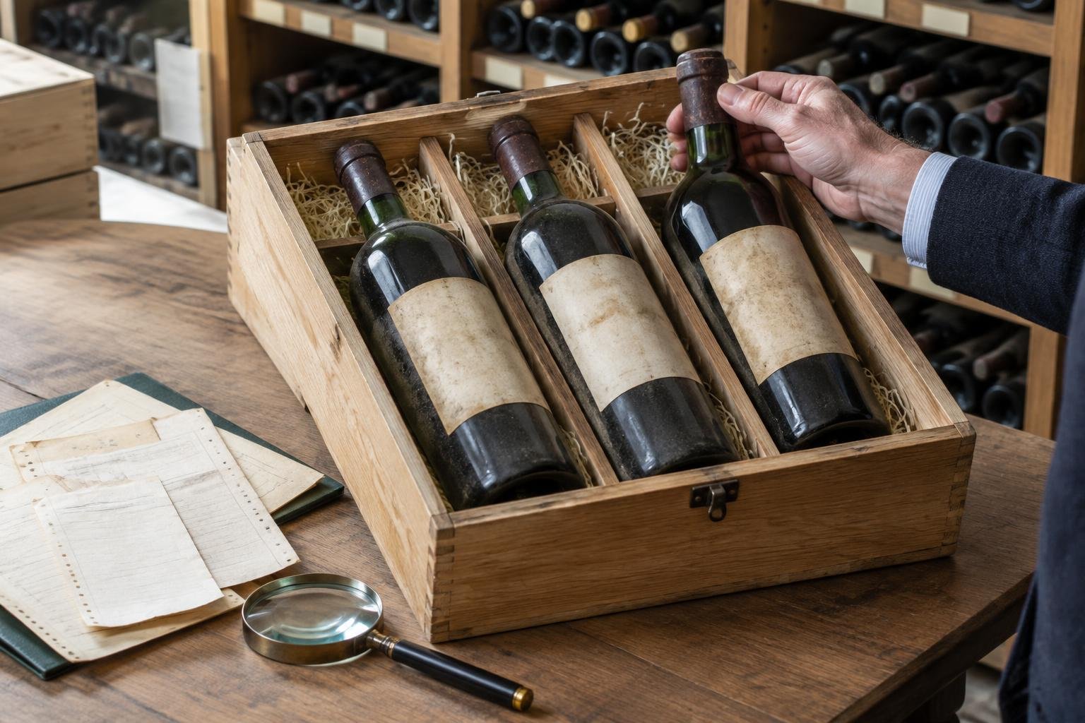 Bouteilles anciennes en caisse bois avec documents de provenance, vérification de l’authenticité du vin