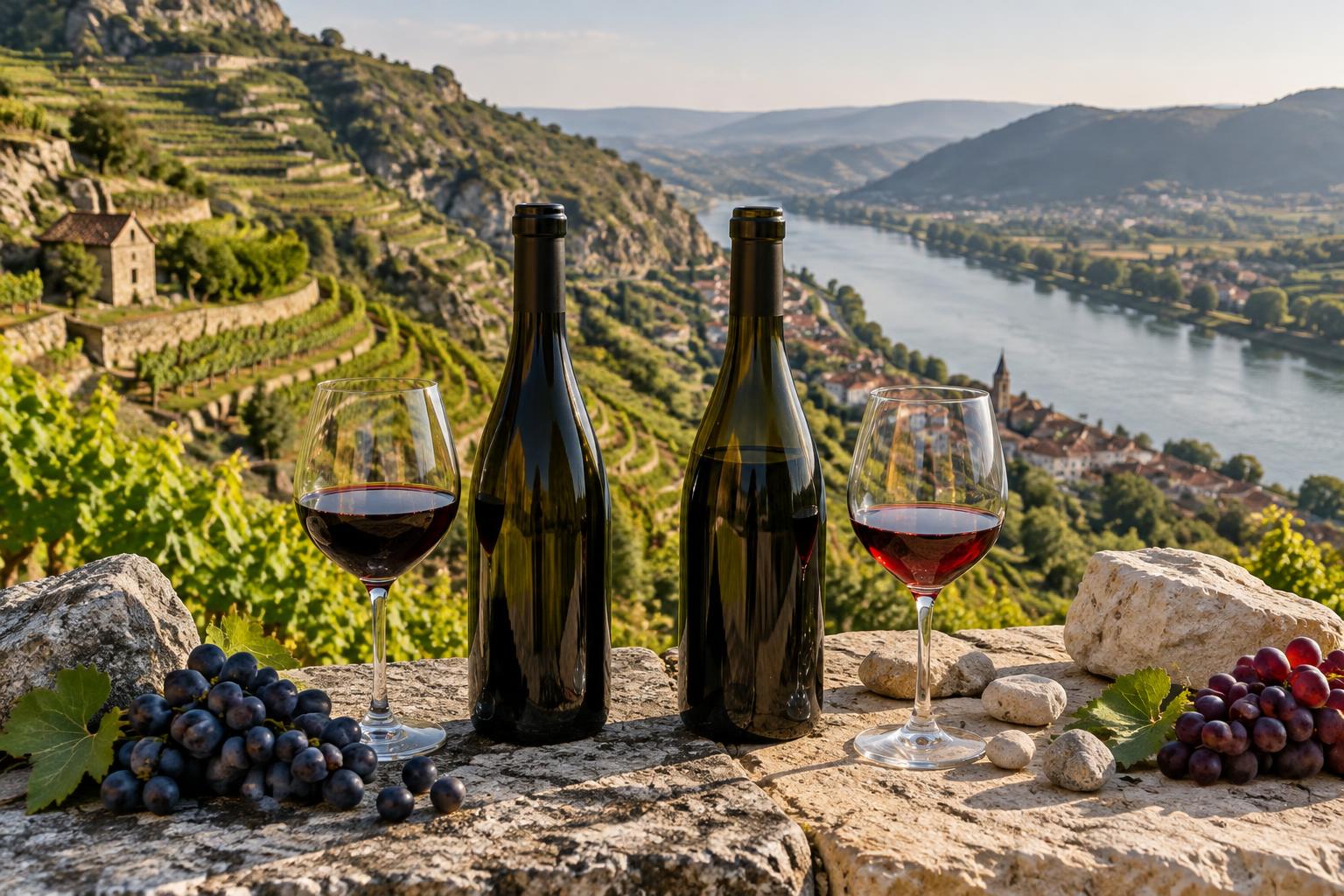 Deux bouteilles et deux verres de vin rouge devant des vignes en terrasses au bord du Rhône
