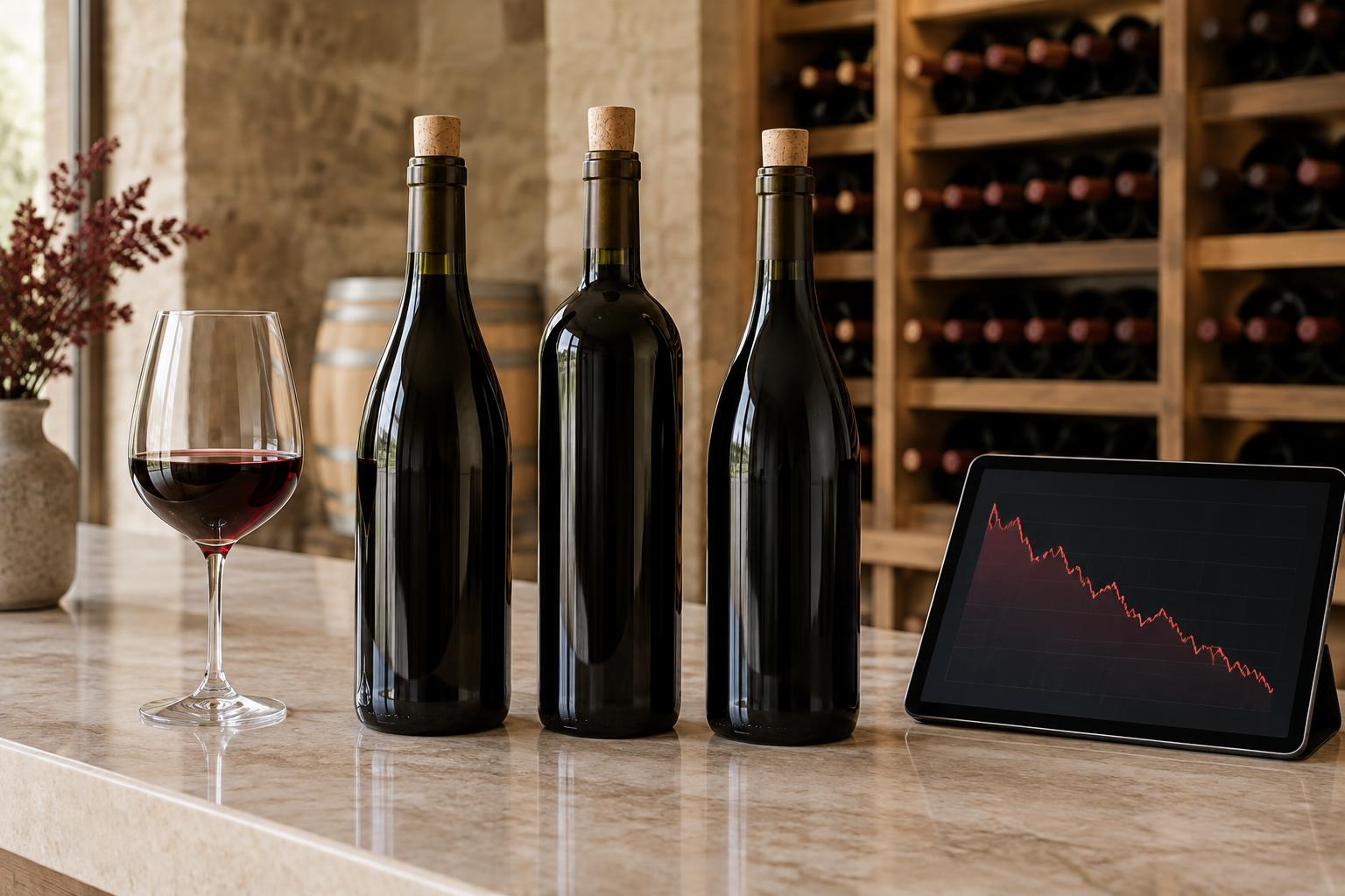 Bouteilles de vin et verre rouge à côté d’une tablette présentant une courbe boursière illustrative