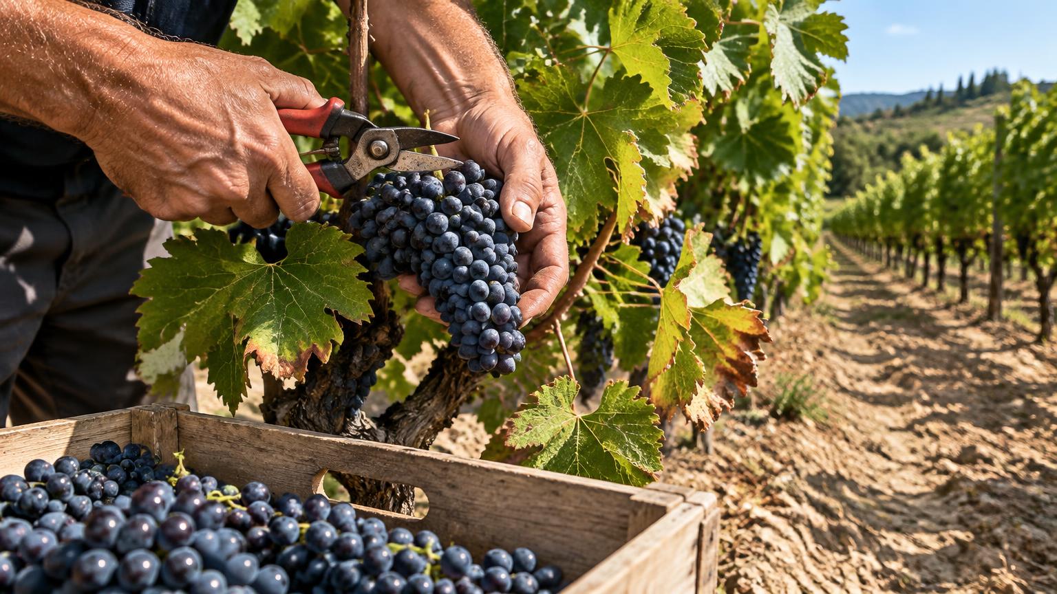 Récolte manuelle de raisins noirs au sécateur, devant des rangs de vigne au feuillage vert et un sol sec