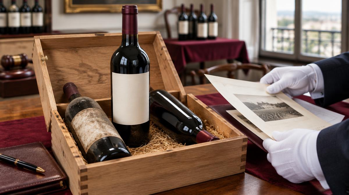 Bouteilles de vin de collection dans une caisse en bois, examinées avec leurs documents de provenance