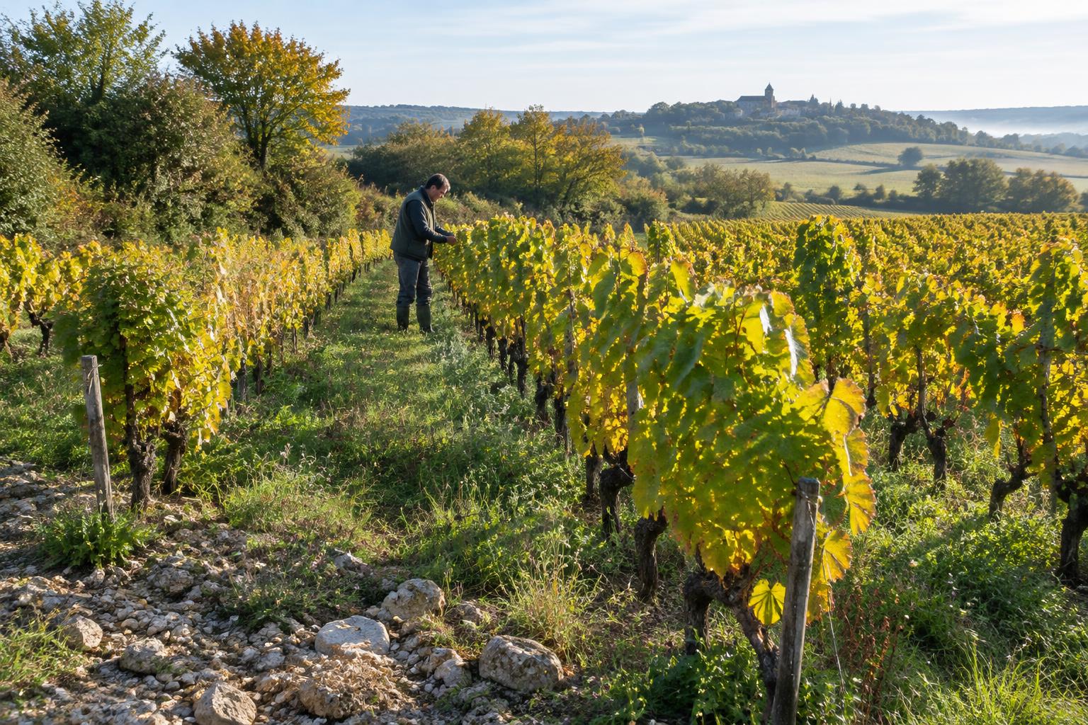 Vigneron dans un vignoble enherbé, avec haies et sol calcaire au premier plan